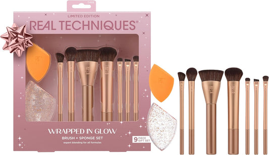 Real Techniques Wrapped In Glow Brush + Sponge Kit, 9 Piece Limited Edition Gift Set