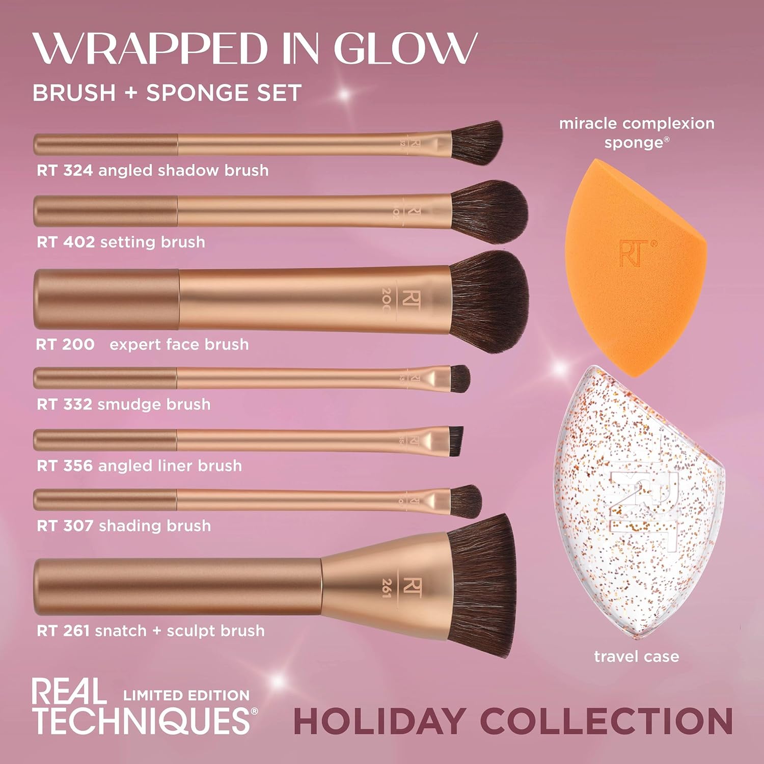 Real Techniques Wrapped In Glow Brush + Sponge Kit, 9 Piece Limited Edition Gift Set