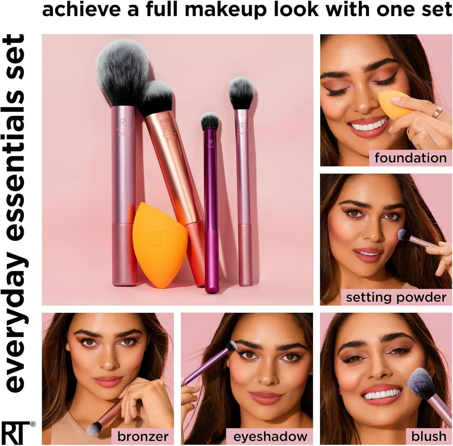 Real Techniques Everyday Essentials + Makeup Sponge Kit, 4 Makeup Brushes and 2 Makeup Blender Sponges