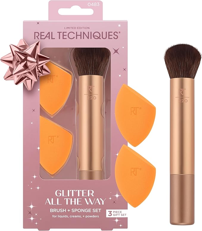 Real Techniques Glitter All The Way Brush + Sponge Kit, 3 Piece Limited Edition Gift Set