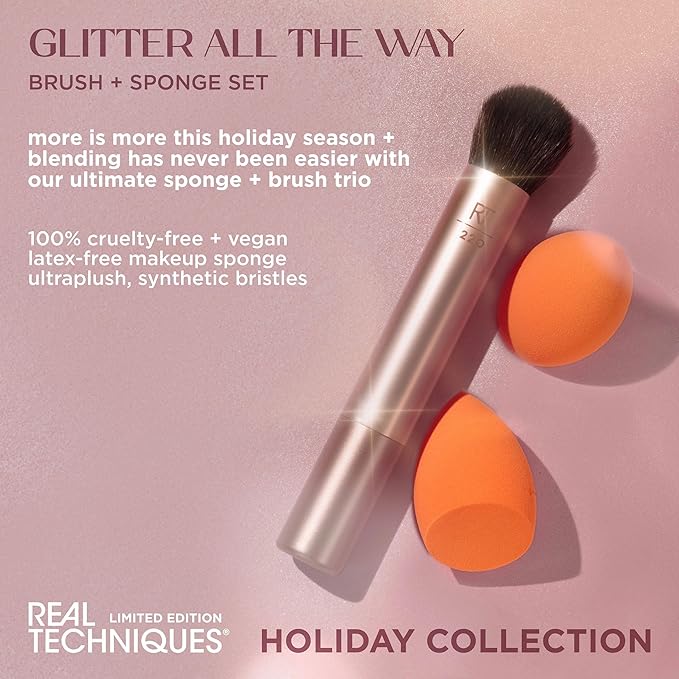 Real Techniques Glitter All The Way Brush + Sponge Kit, 3 Piece Limited Edition Gift Set