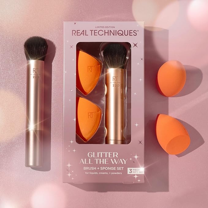 Real Techniques Glitter All The Way Brush + Sponge Kit, 3 Piece Limited Edition Gift Set